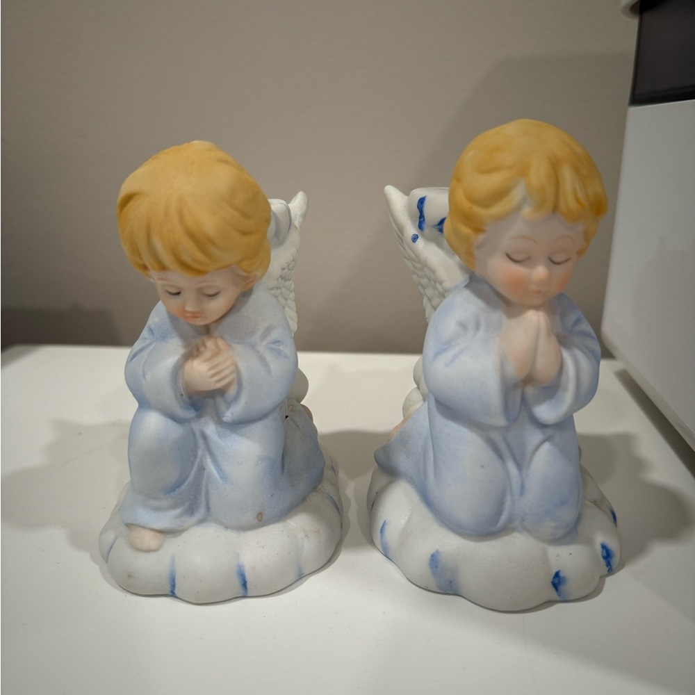 2 Vintage Porcelain Bisque Praying Kneeling Angel Candle  Holders, Taiwan R.O.C.